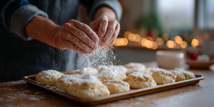 A person sprinkles flour over freshly baked biscuits on a tray in a cozy kitchen with warm lighting. - Powered by Adobe