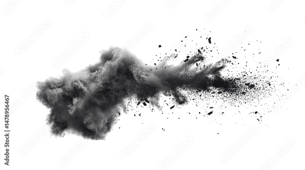 Poster a black cloud of dust and particles explodes outwards on a transparent background the dust is a dark