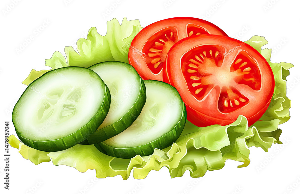 Poster freshly sliced cucumbers and tomatoes on a bed of lettuce isolated on a transparent background