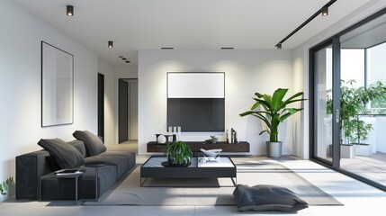 A modern living room with a large window, a sofa, a coffee table, a TV, and plants