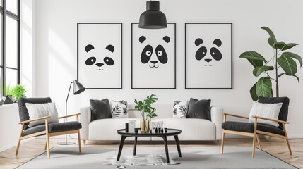 A living room with a white sofa, two armchairs, and three panda prints on the wall