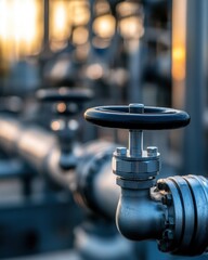 Industrial valve close up at sunset with metallic pipes and flanges in a factory or plant setting evening light