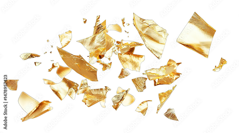 Poster abstract gold flakes floating in the air isolated on transparent background the flakes are of differ