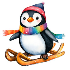 Penguin sledding adventure snowy landscape digital illustration winter wonderland playful perspective