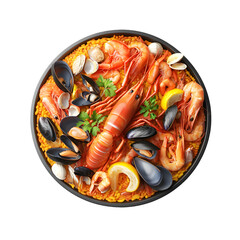 Colorful, gourmet paella, featuring various types of seafood in a sizzling pan.  The dish is garnished with herbs and lemon.