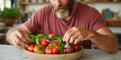 A man garnishes a bowl of colorful heirloom tomatoes with fresh basil and salt in a kitchen setting.