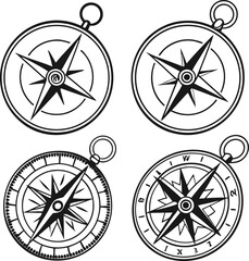 A vintage vector set of compass icons shows a classic rose design, a navigational symbol for transport and travel