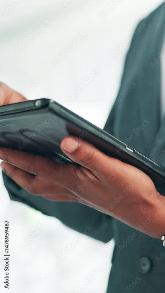Poster hands, tablet and scroll at office with notes, review and notification at finance agency. business p
