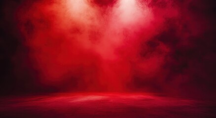 Red stage backdrop with dramatic lighting and smoky atmosphere.