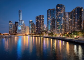Fototapeta premium City skyline with illuminated skyscrapers at night.