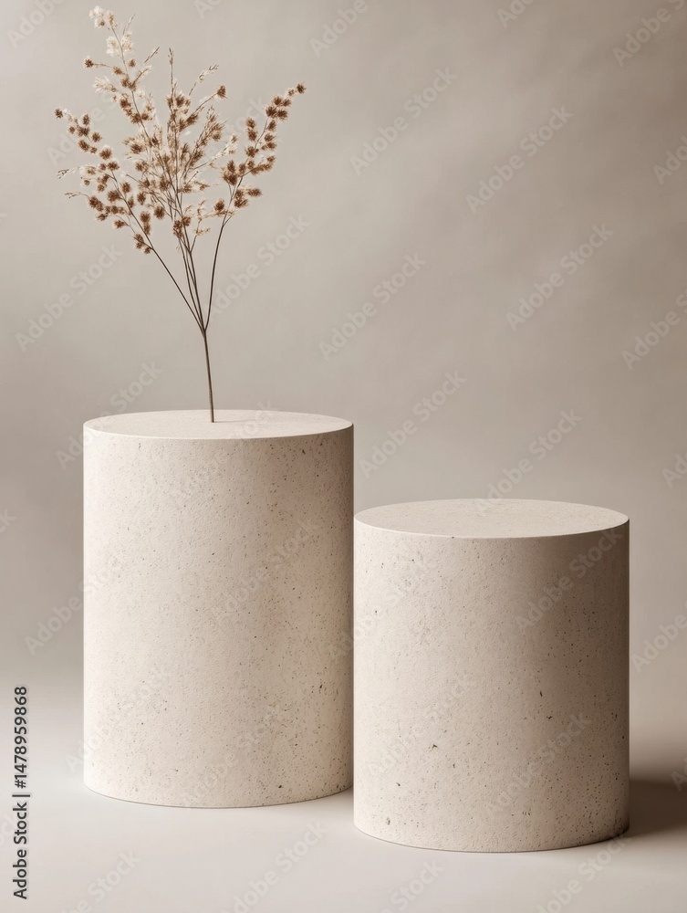 Poster minimalist display featuring two cylindrical podiums and dried grass in a studio setting with neutra