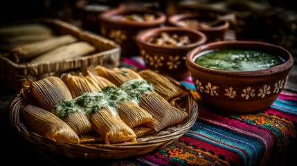 Tamales Wrapped in Corn Husks Traditional steamed masa filled with savory pork or chicken,  served with a side of salsa verde.
