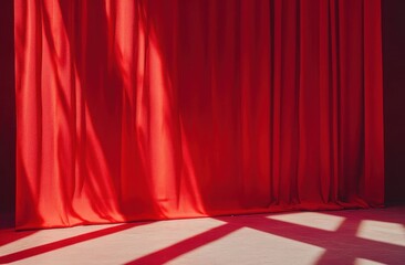 Draped crimson curtains casting shadows on a floor.