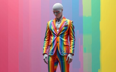 Fototapeta premium Colorful pride outfit concept. A colorful mannequin in a vibrant, striped suit against a pink and green background.