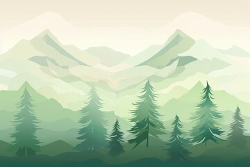 Fototapeta premium Illustration of a mountain range backdrop with pine trees in the foreground, rendered in various shades of green, gradient style.