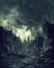 Obraz premium Devastated city street after war aerial view showing destroyed buildings and rubble under stormy sky in apocalyptic setting
