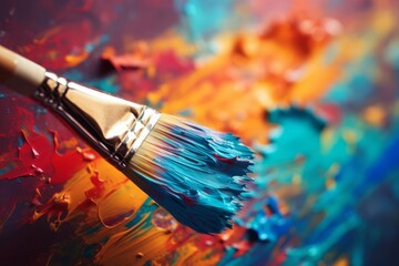Fototapeta premium Close-up of a paint brush with blue paint on a colorful, textured background of red, orange, and turquoise.