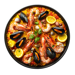 Flavorful, colorful paella dish, showcasing various seafood, rice, and lemon slices in a dark pan.  It is arranged in a circular pattern and presents a view of the dish's colorful ingredients.