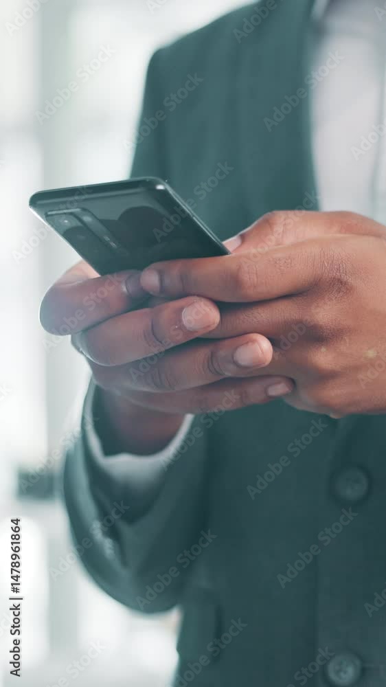 Poster hands, phone and scroll at office with contact, review and check notification at finance agency. bus