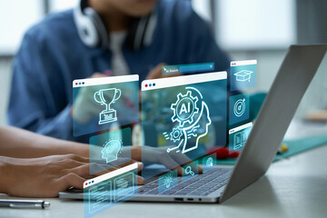 AI artificial intelligence, STEM. Teenage students engage in hands-on STEM education, building...