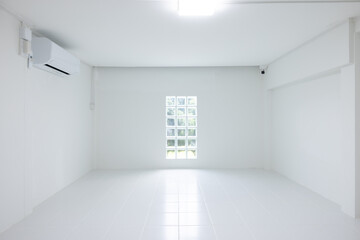 Empty room with square white tile floor texture pattern in perspective at day. Include glass block wall, air conditioner. Clean shiny surface. Modern interior home design suit for background.