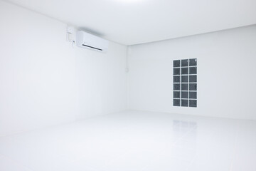 Empty room with square white tile floor texture pattern in perspective at night. Include glass block wall, air conditioner. Clean shiny surface. Modern interior home design suit for background.