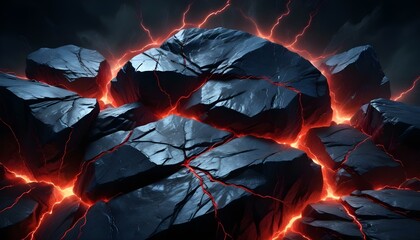 Fiery cracks illuminate rugged dark rocks, radiating intense heat and energy in a digital artwork.