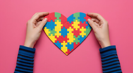 A pair of hands, sporting a blue long-sleeve shirt with black stripes on the sleeves, cradles a heart-shaped jigsaw puzzle