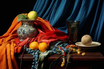 Fototapeta premium Still life features fruit, vase, glass, beads, and draped fabric in vibrant colors on a dark wooden surface.