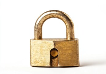 Naklejka premium Gold padlock isolated on white background. Detailed close-up view of a brass padlock, featuring a secure lock mechanism and a gold-colored finish. Solid construction and sturdy design
