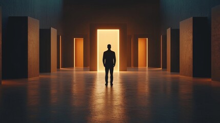 Obraz premium Finding Direction Through Independence and the Spirit of Freedom, A lone figure stands silhouetted in a dimly lit corridor with multiple doorways glowing softly.
