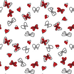 Seamless pattern with bows and heats. Romantic decorative pattern. Doodle background with bow. Design for greeting card, wedding and birthday party