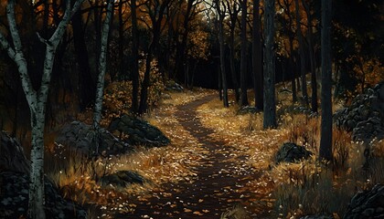 Obraz premium Autumnal pathway winding through a dark forest.