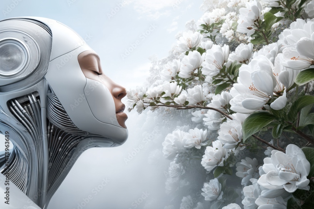 Poster a sleek and elegant robot with delicate features, dressed in white, looks out over blossoming apple 