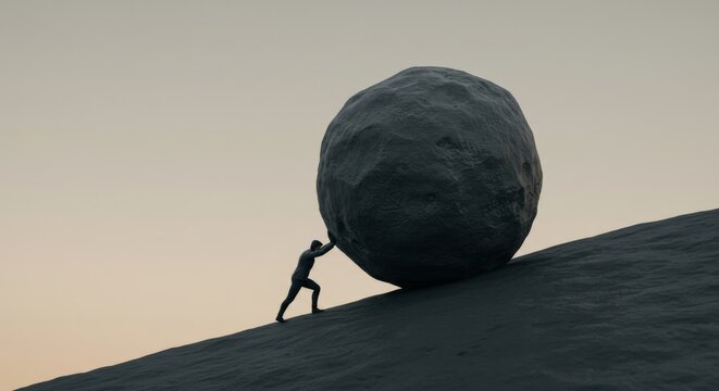 Silhouette figure pushing a large boulder up a hill illustrating a hardwork.