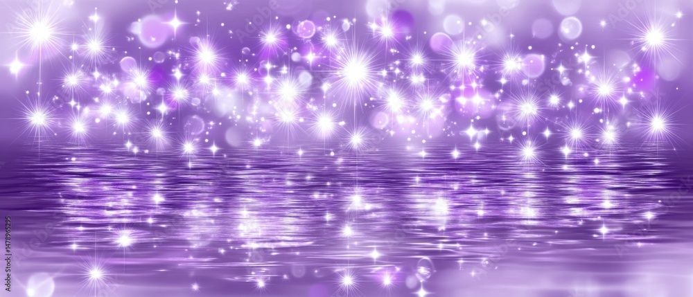 Aufkleber sparkling stars reflecting on water surface abstract background in lilac tones with bokeh effect and