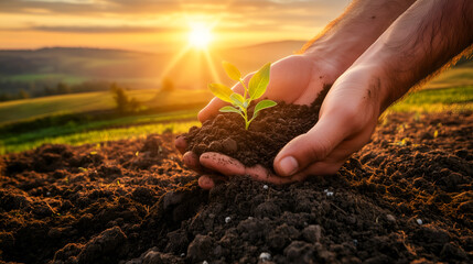 Fototapeta premium tender hands gently cradle a small sprout, symbolizing new life and growth in the face of a warm sunrise 