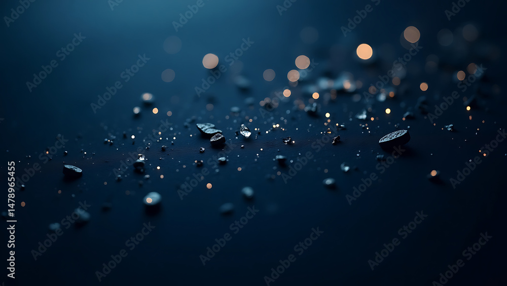 Poster abstract composition of dark blue background with sparkling bokeh and fragmented shapes