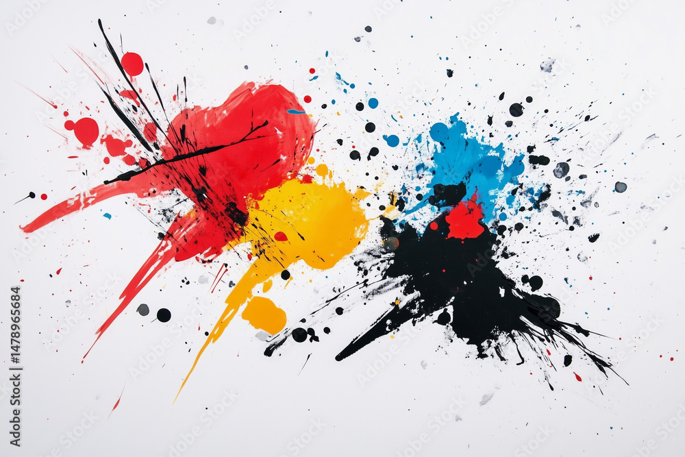 Poster painting of splatters of paint with a red, yellow, and blue splatter. the splatters are in different
