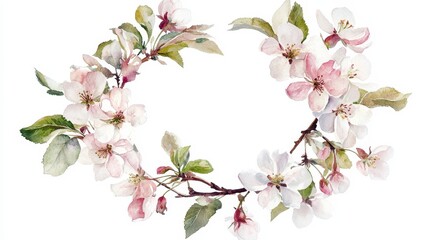Obraz premium Watercolor painting of a delicate floral wreath with blooming apple blossoms and branches.