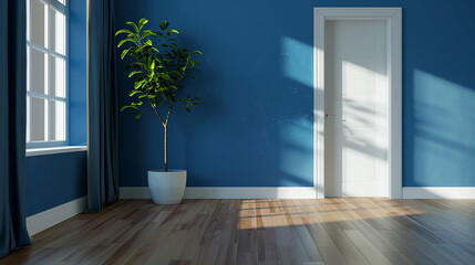 Blue wall in an empty room with wood laminate floor, plant and shadow