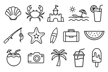 Minimal Beach & Summer Vacation Outline Icons. Bold and easy to color. coloring book icon. 