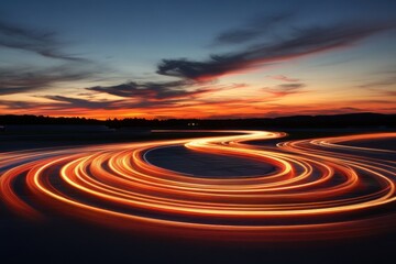 Naklejka premium Car light trails on race track at sunset, long exposure shot, motion blur, dramatic sky, scenic view, outdoor