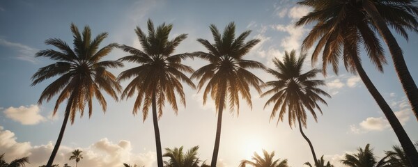 Obraz premium Tall palm trees against a bright sky, dramatic lighting, texture, photography, sky