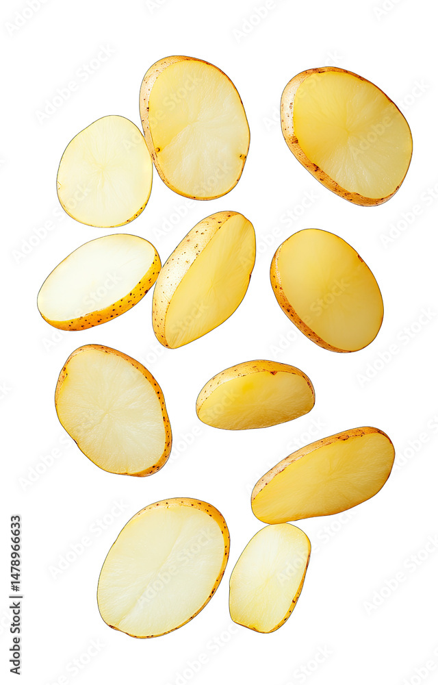 Poster a collection of sliced raw potatoes arranged in a scattered formation against a transparent backgrou