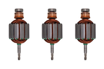 Electric DC motor rotors with copper commutator and coil wire winding isolated on white background....