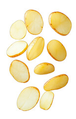 A Collection Of Sliced Raw Potatoes Arranged In A Scattered Formation Against A Transparent Background