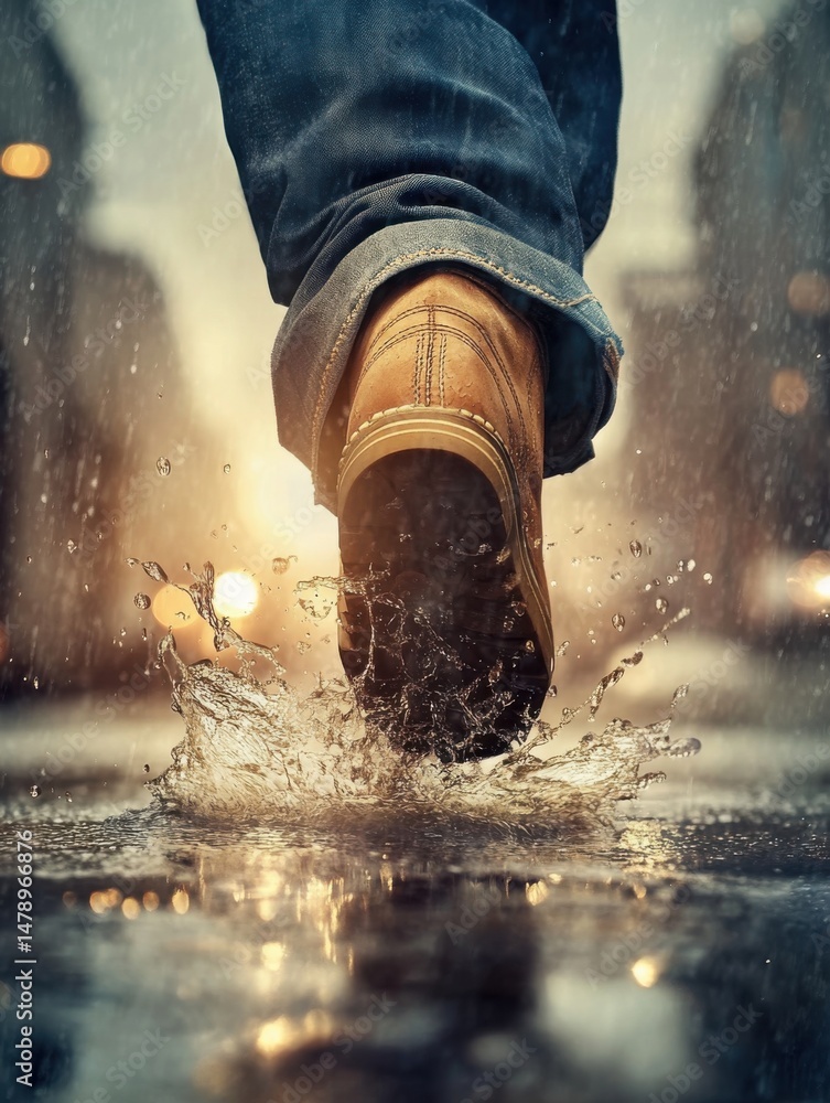Poster man's shoe splashing in puddle during rainstorm low angle shot in urban setting with bokeh lights an