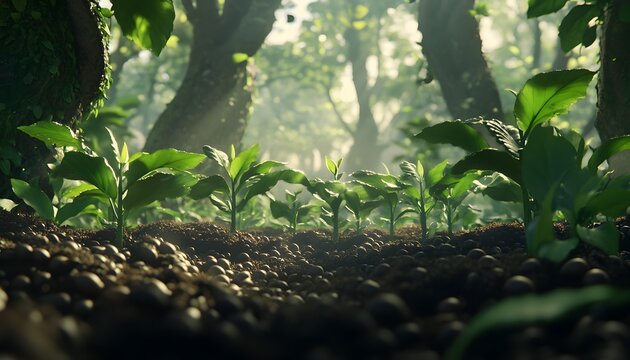 Lush young plants sprouting in a sunlit forest floor.