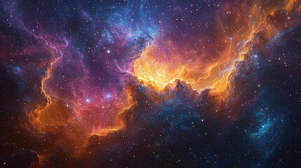 Fototapeta premium A mesmerizing cosmic canvas, painted by the ethereal brush of generative AI, unfolded before the viewer. Nebulae swirled in hues of amethyst and emerald, while countless stars twinkled in a 